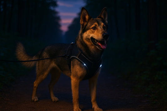 Dog wearing a rechargeable LED harness, glowing during a twilight walk.
