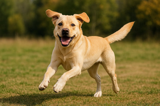 Happy Labrador playing in a sunny backyard, representing active dog personalities.