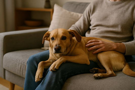 Dog resting on owner’s lap on a sofa