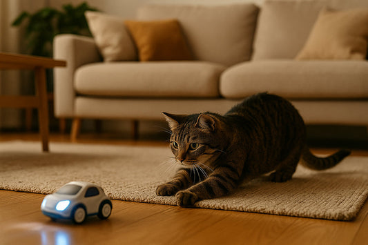 Cat playing with a smart car toy at home