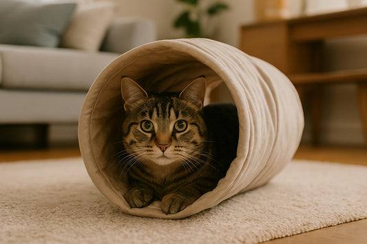 A fluffy cat resting inside a collapsible play tunnel, peeking out of one end.