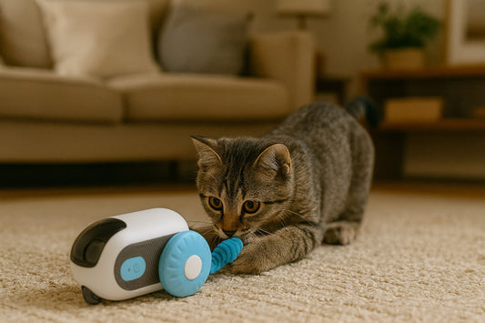 Beginner-friendly interactive cat toy on a living room floor