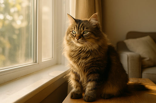 Fluffy tabby cat sitting in a sunny window, looking relaxed and content