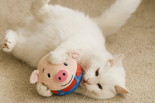 cat wrestling over a plush cat toy