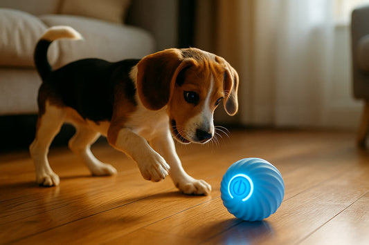 Dog playing indoors with rotating toy ball