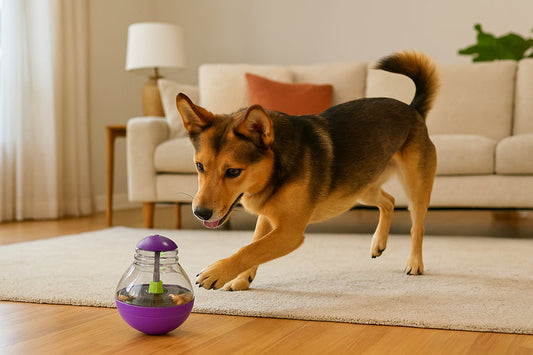 Happy dog playing indoors with a smart treat-dispensing toy
