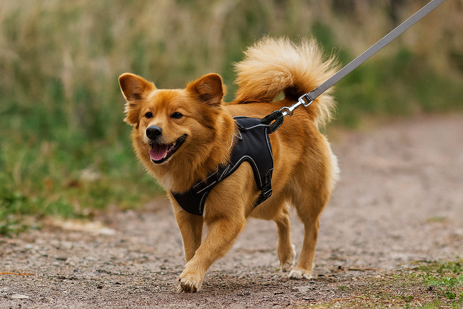 Dog happily walking in jacket harness on a cool morning trail