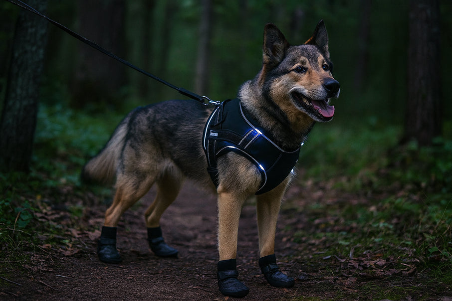 Dog wearing an LED harness and boots while hiking in the woods