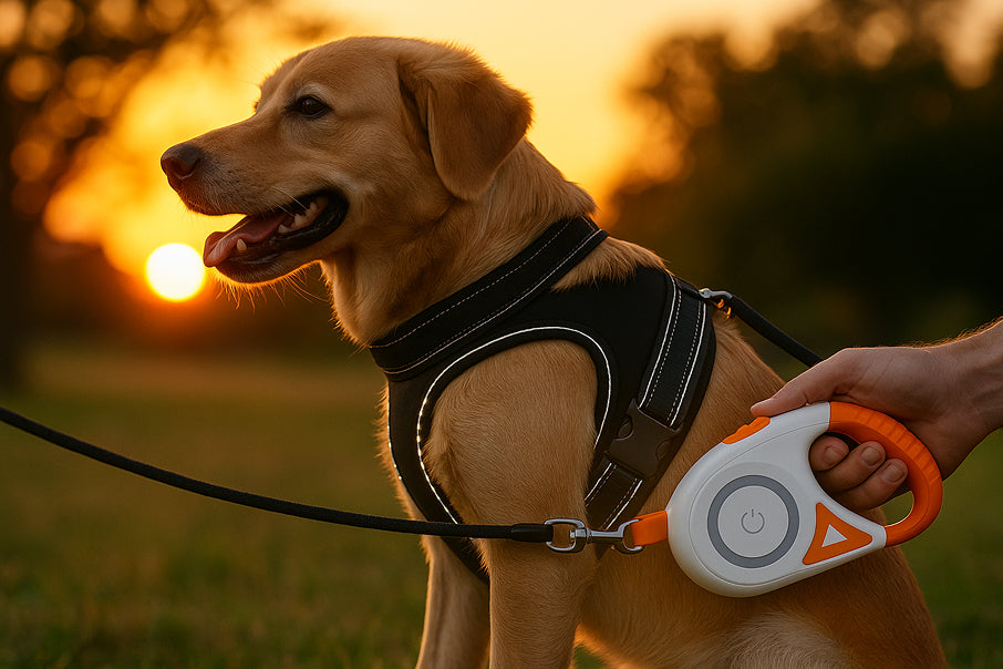 Reflective dog leash and harness glowing at sunset walk