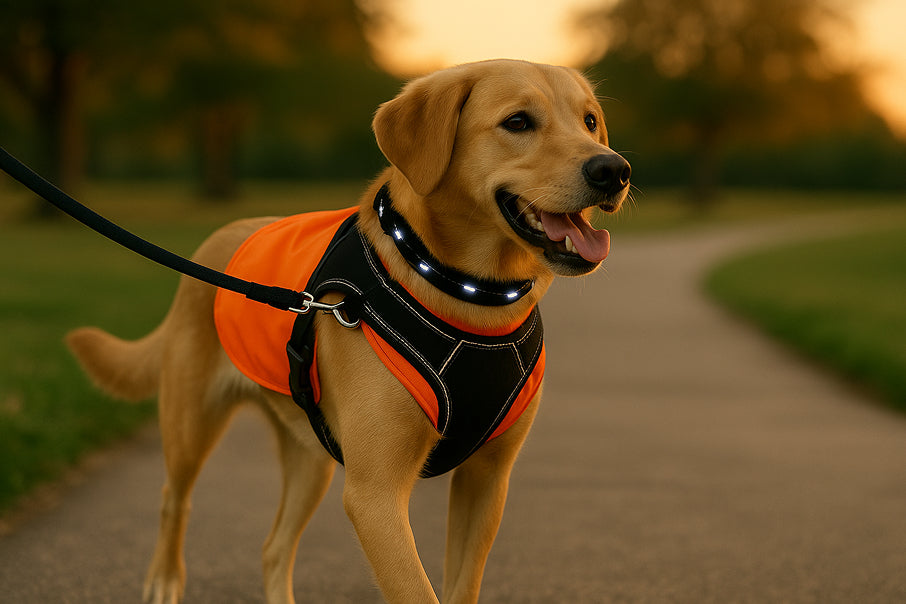 Dog wearing bright vest and LED collar on early morning walk