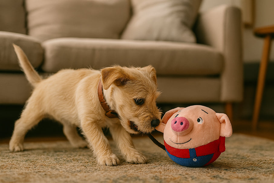 Dog playing with a plush in the living room.