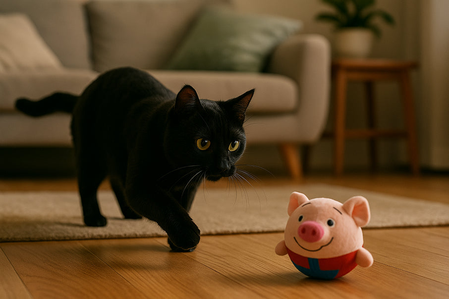 cat chasing a bouncing plush cat toy