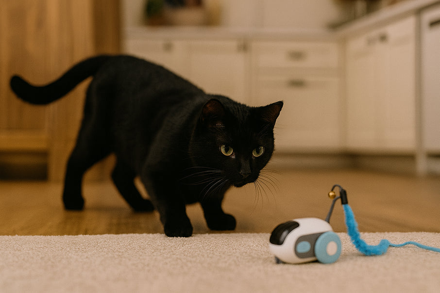 A black cat chase a sensor-activated toy car