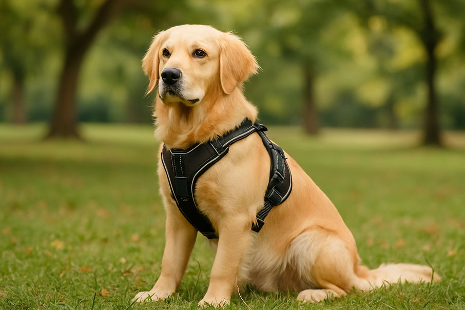 Dog wearing a LED harness while sitting in a park