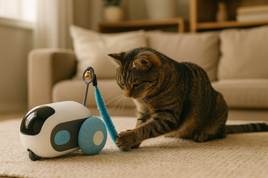 Cat playing with a smart cat toy in a bright living room