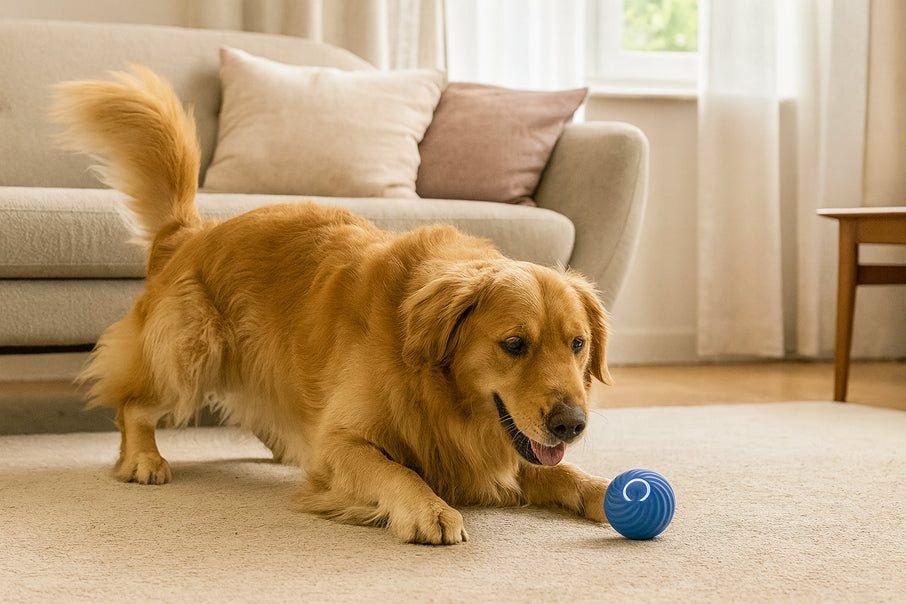 Golden retriever playing a self-rolling toy ball