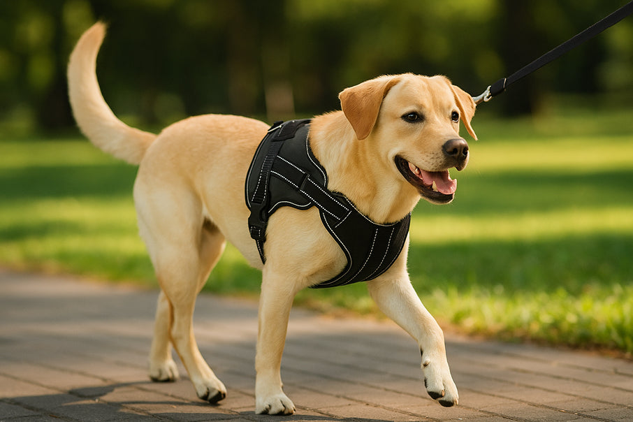 Dog wearing a secure harness during a sunny outdoor walk