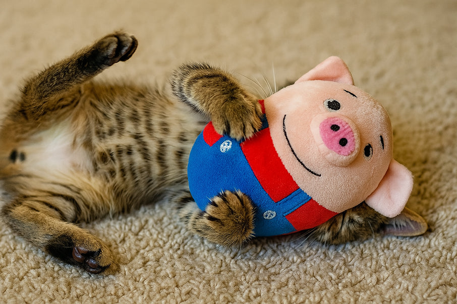 Tabby kitten rolling with a toy for cat