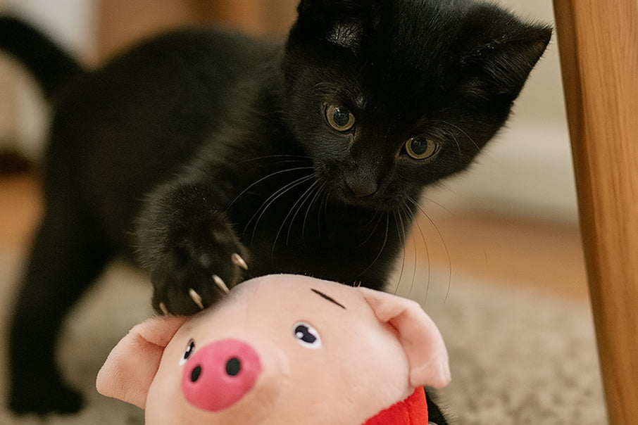 cat batting a bouncing plush cat toy