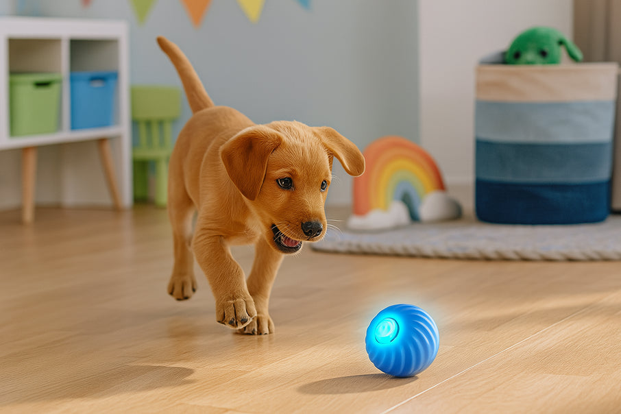 A blue bouncing dog toy lighting up in playroom with a dog chasing
