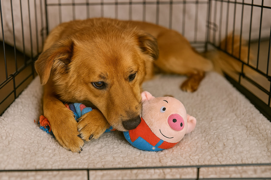 Dog cuddling with plush motion-activated toy in crate