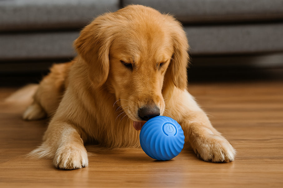 Dog playing with interactive dog toy ball at home