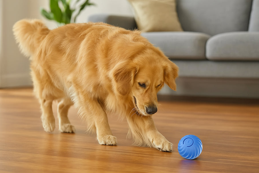 Dog chasing smart automatic rolling ball on hardwood floor