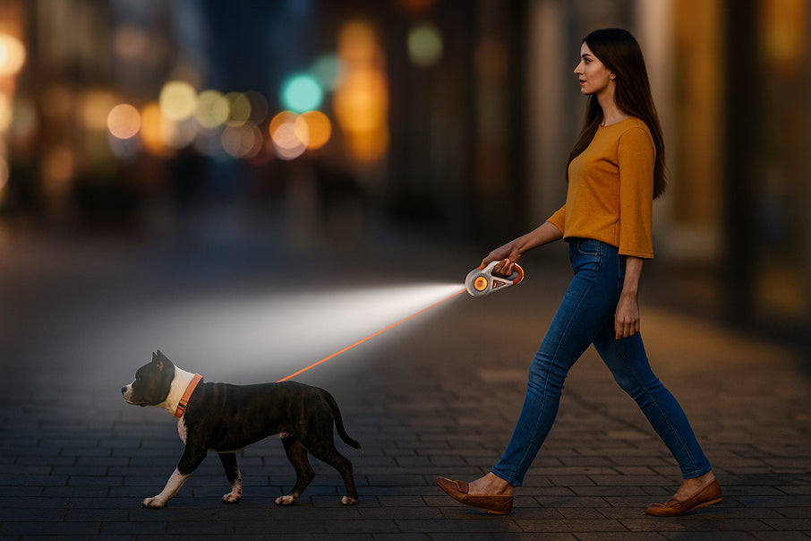 owner with Dog walking at night with leash