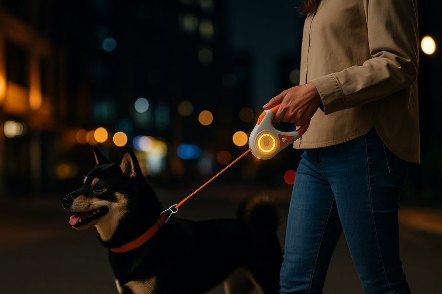 Dog walking at night with leash and LED collar for visibility