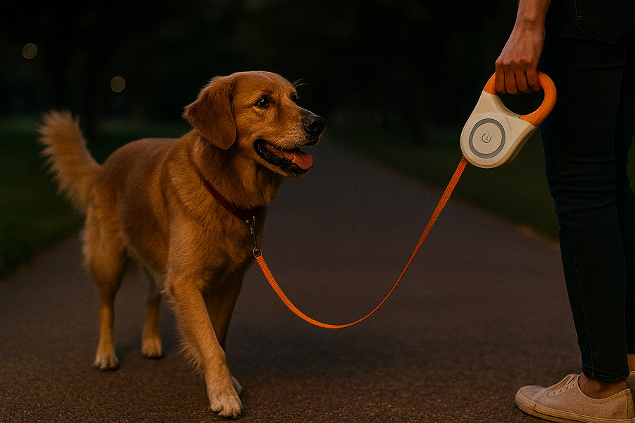 Dog walking at night with leash and LED collar for visibility
