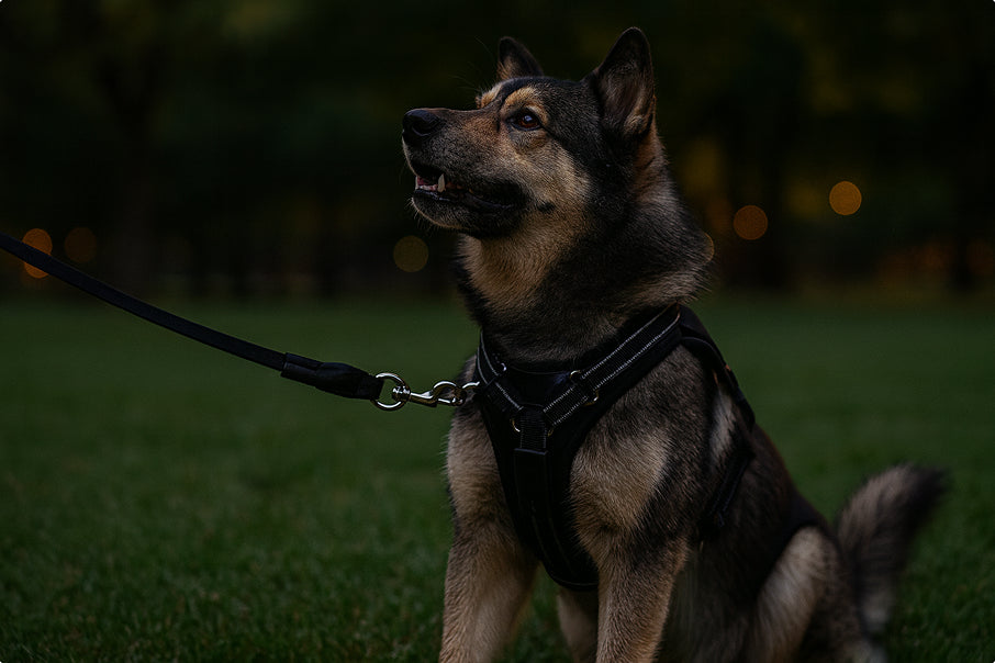 Dog wearing a LED harness while sitting in a park