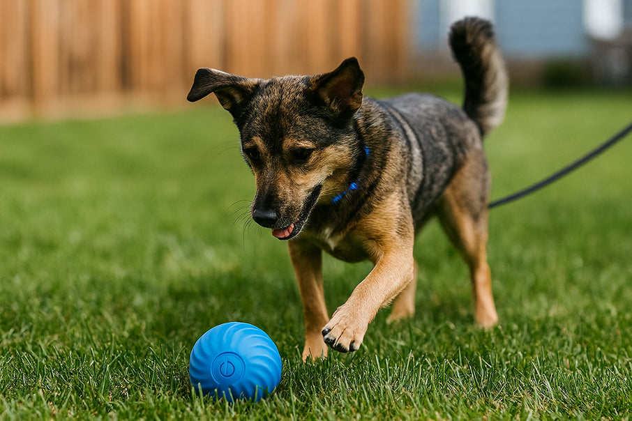 Dog playing with an interactive ball in backyard