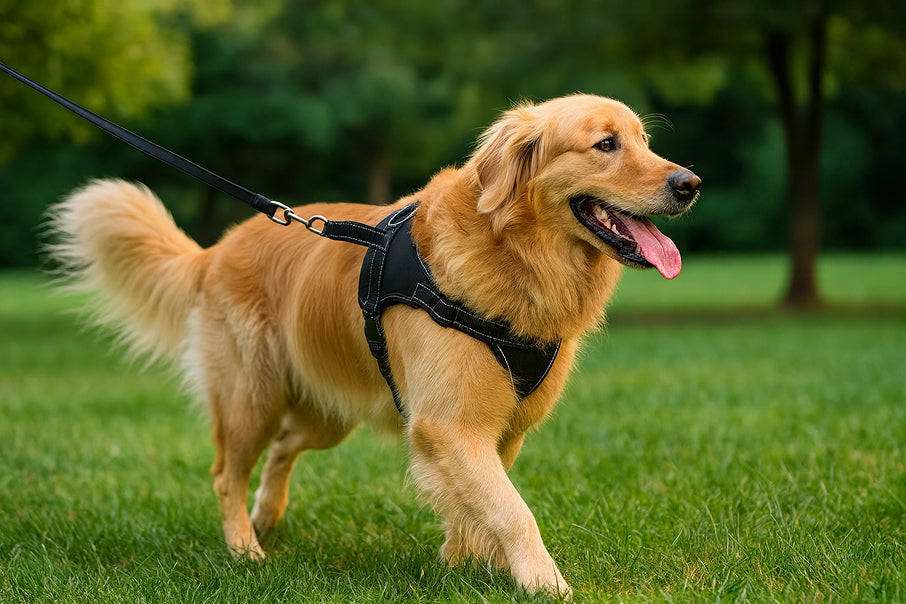happy dog walking with harness and leash outdoors