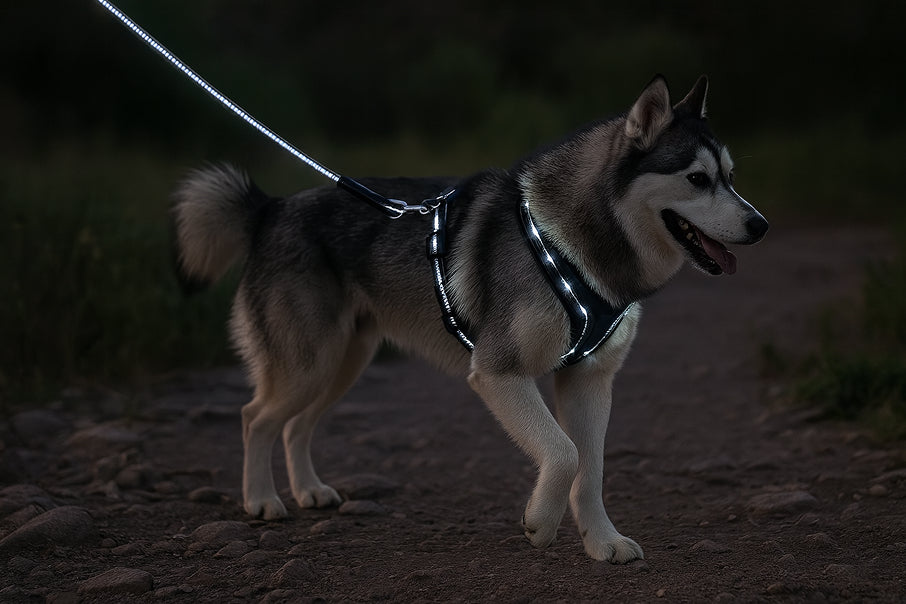 Dog walking in LED harness gear for visibility and terrain protection