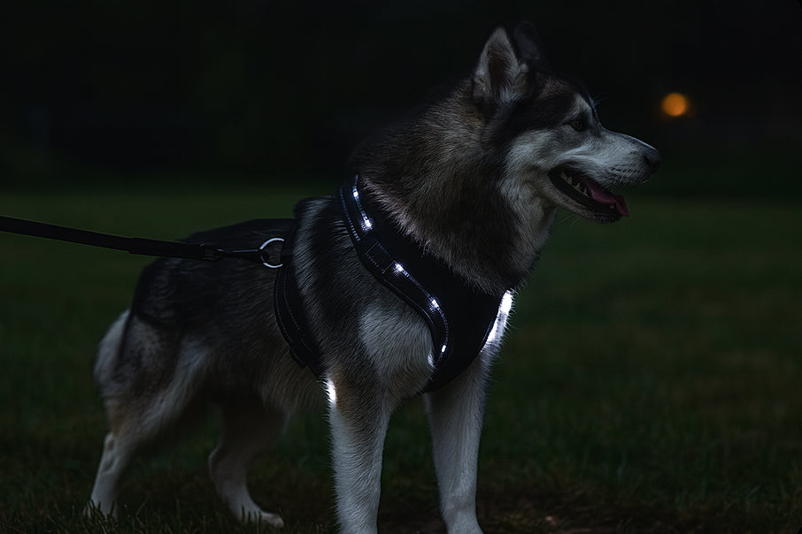dog wearing a LED harness jacket during a walk at night