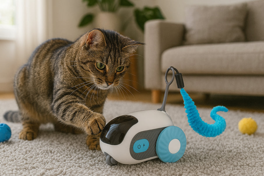 Cat playing with a bouncing pet toy at home