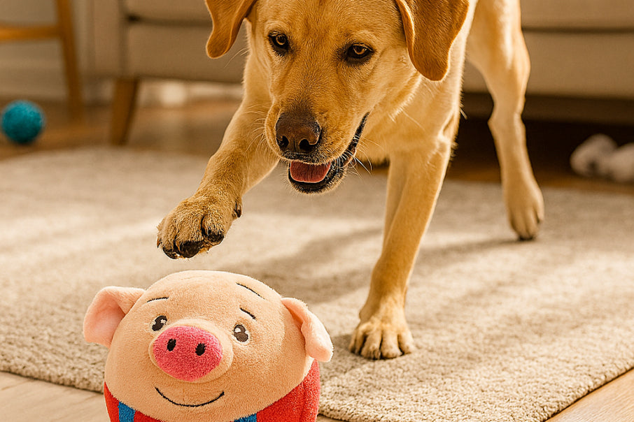 Dog playing with a self-moving pet toy