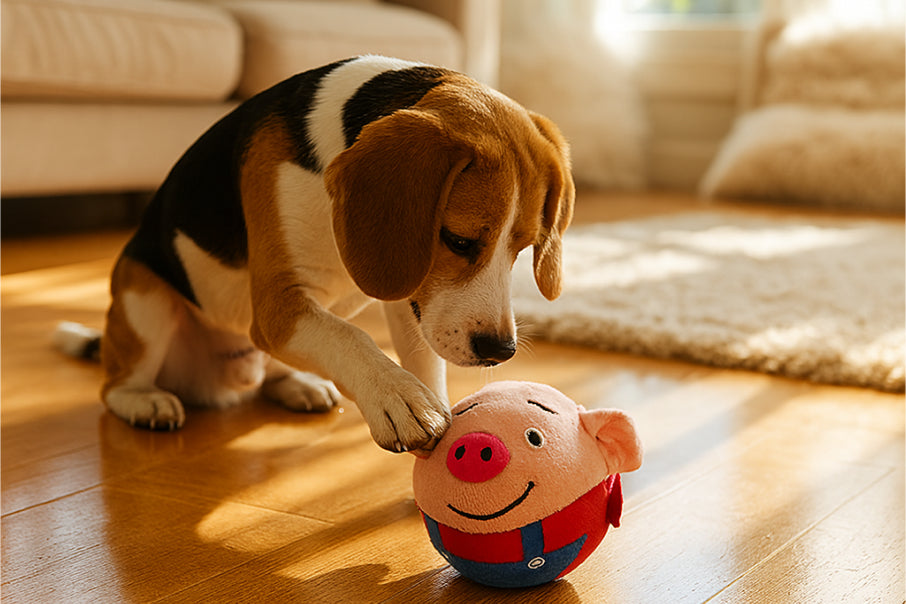 Dog watching a bouncing plush toy roll across the carpet