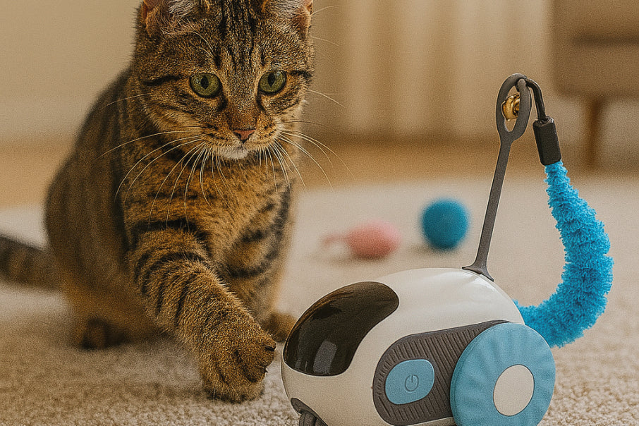 Cat chasing a remote-controlled smart toy on hardwood floor