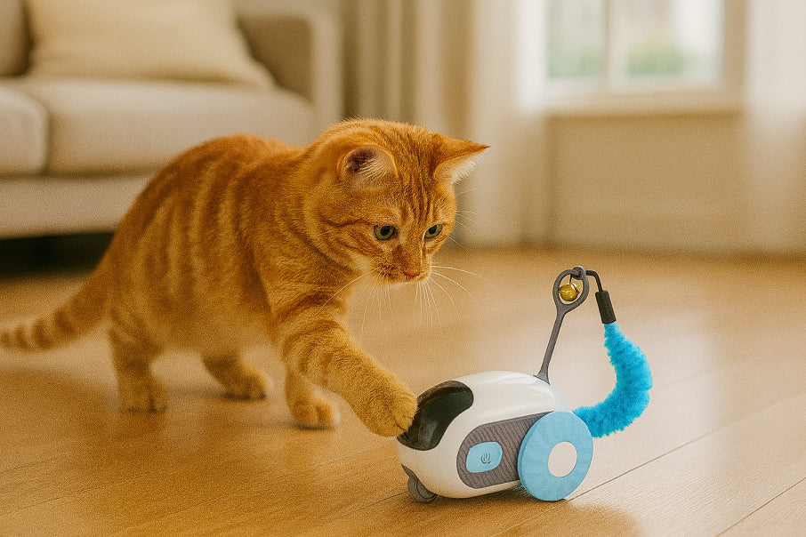 Cat playing with a smart car toy at home