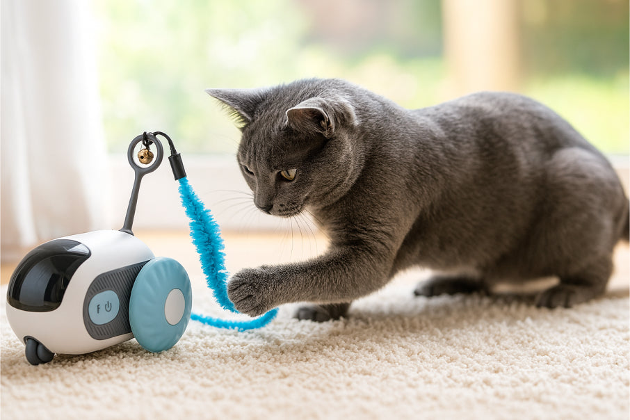 Cat playing with a smart car toy at home