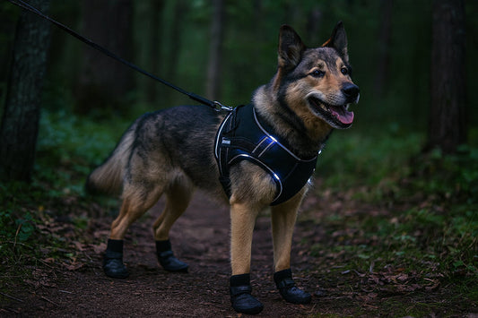 Dog wearing an LED harness and boots while hiking in the woods