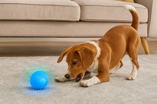 Dog playing with LED smart bouncing ball on carpet