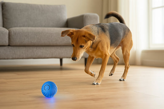 LED smart ball toy rolling on living room floor with curious dog