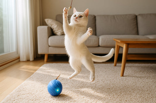cat leaping to reach toy