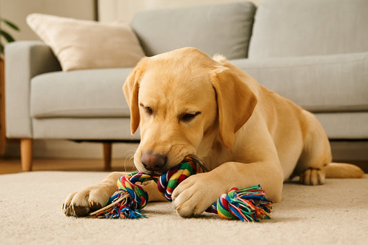 Dog chewing rope toy on living room floor