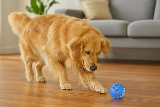 Dog chasing smart automatic rolling ball on hardwood floor