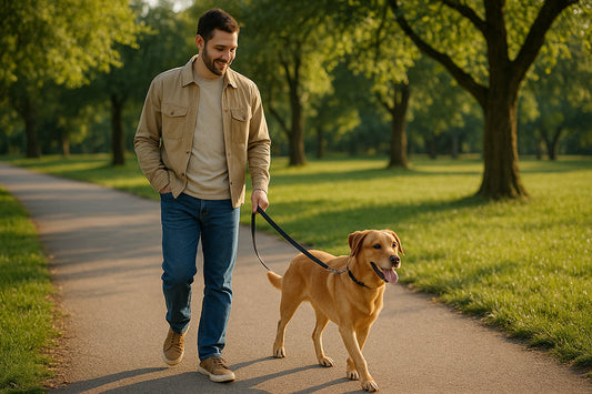 owner with  Dog walking at noon with leash