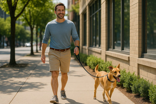 owner with  Dog walking at day with leash