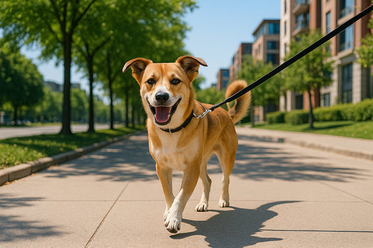 Dog walking at day with leash
